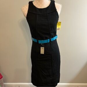 Carbon Black Sheath Dress with Blue Accent Belt A3